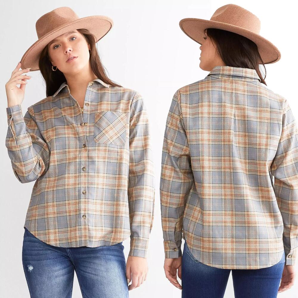 BKE Buckle Metallic Plaid Flannel Shirt Blue‎ & Gold, Button Down, Size S
